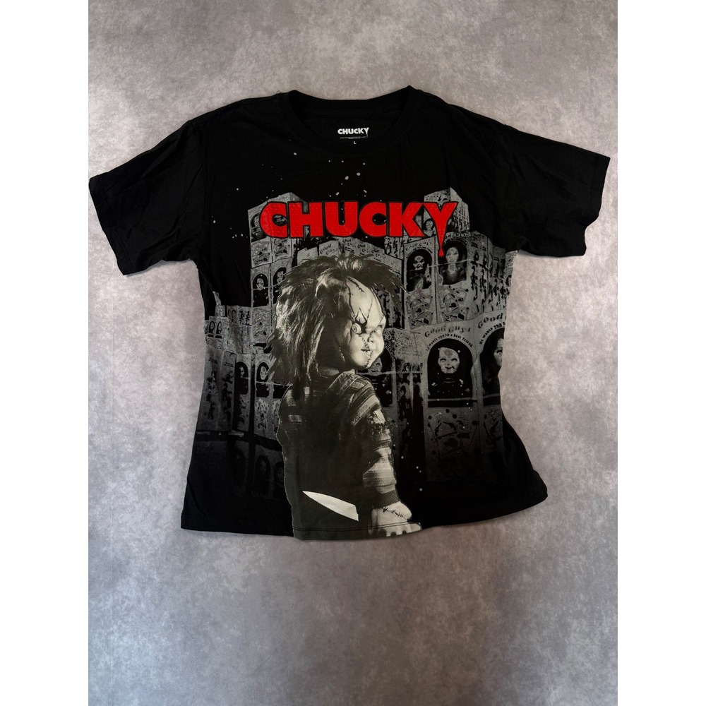 Chucky Child's Play Horror Movie Graphic T-Shirt Black Large Freeze Raised Text